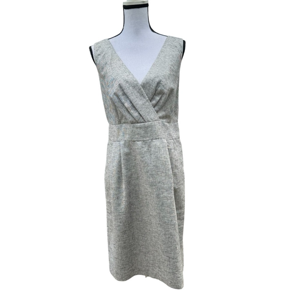 Ann Taylor Loft Linen Sleeveless Gray Metallic Business VNeck Sheath Dress Sz 14